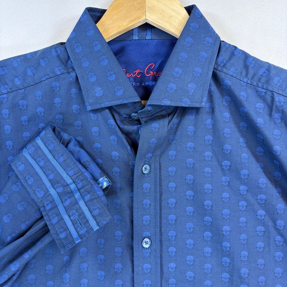 Robert Graham Shirt Mens Medium Blue Skull Jacquard Long Sleeve Flip Cuff Button